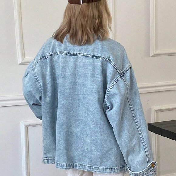 Medium Wash Casual Women's Contrast Color Collar Denim Jacket - Picture 5 of 6